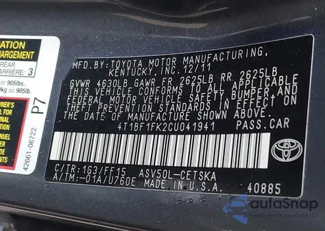 2012 Toyota Camry Se z USA, uszkodzony, nr VIN 4T1BF1FK2CU041941